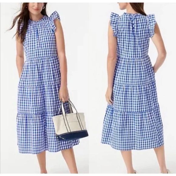 J. Crew Tiered Ruffle Sleeve Midi Dress: Sapphire Blue/White Gingham Check - Picture 1 of 5